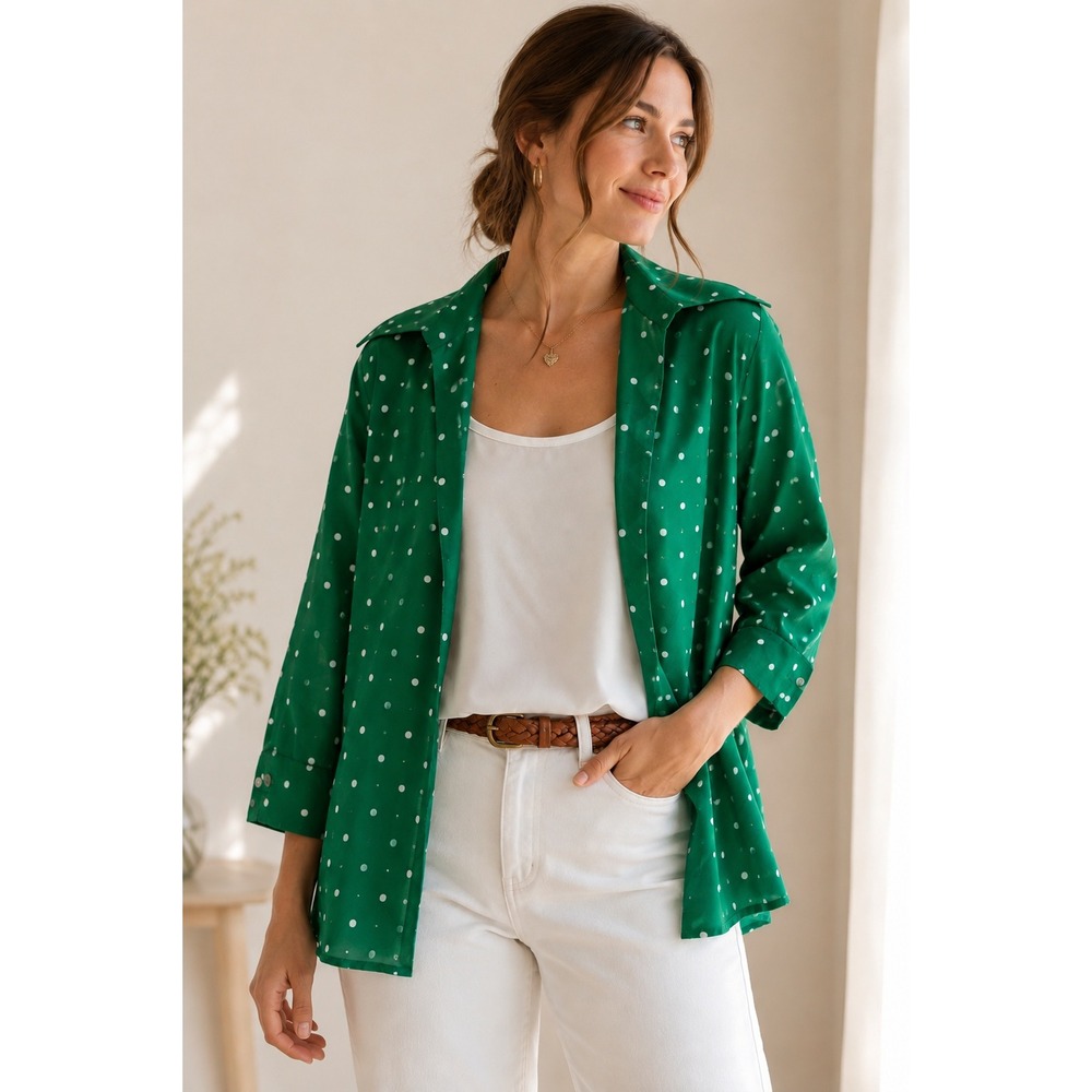 Green Polka Dot Blouse Attached Cami Open Front Preppy Cottagecore S Vintage